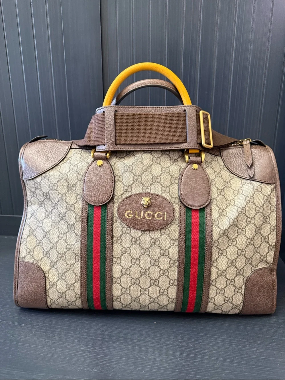 Gucci Beige GG Supreme Canvas Duffel with Brown Leather and Green-Red Web